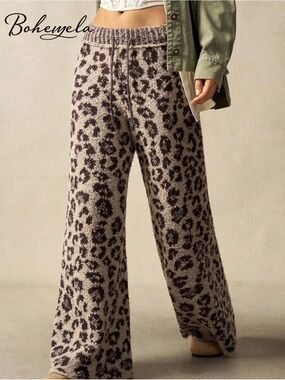 NWT Bohemela Cream & Brown Leopard Knit Wide-Leg Joggers, Size Large